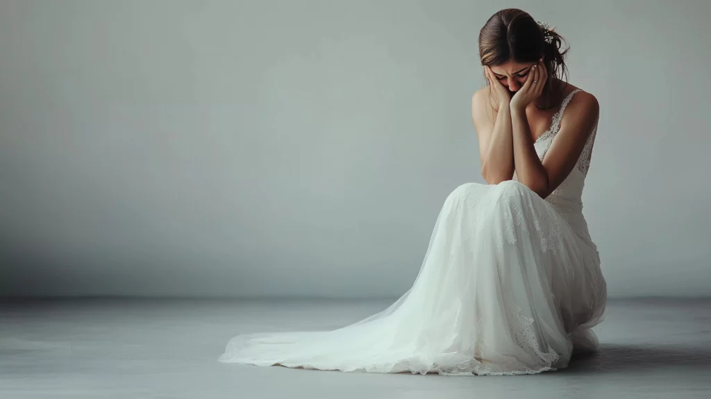 wedding bride sitting super sad crying neutral background covering his sad face