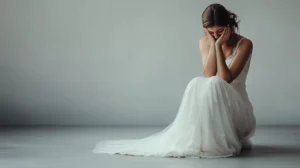 wedding bride sitting super sad crying neutral background covering his sad face