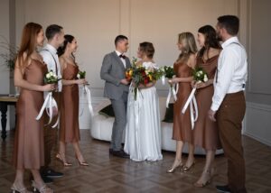 Groß (full shot people posing wedding) min
