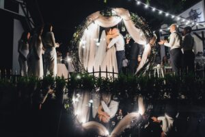 look from wedding altar cheerful wedding couple ceremony min